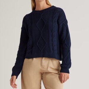 Quince 100% Organic Cotton Cropped Cable Crew Sweater Navy Blue Size M